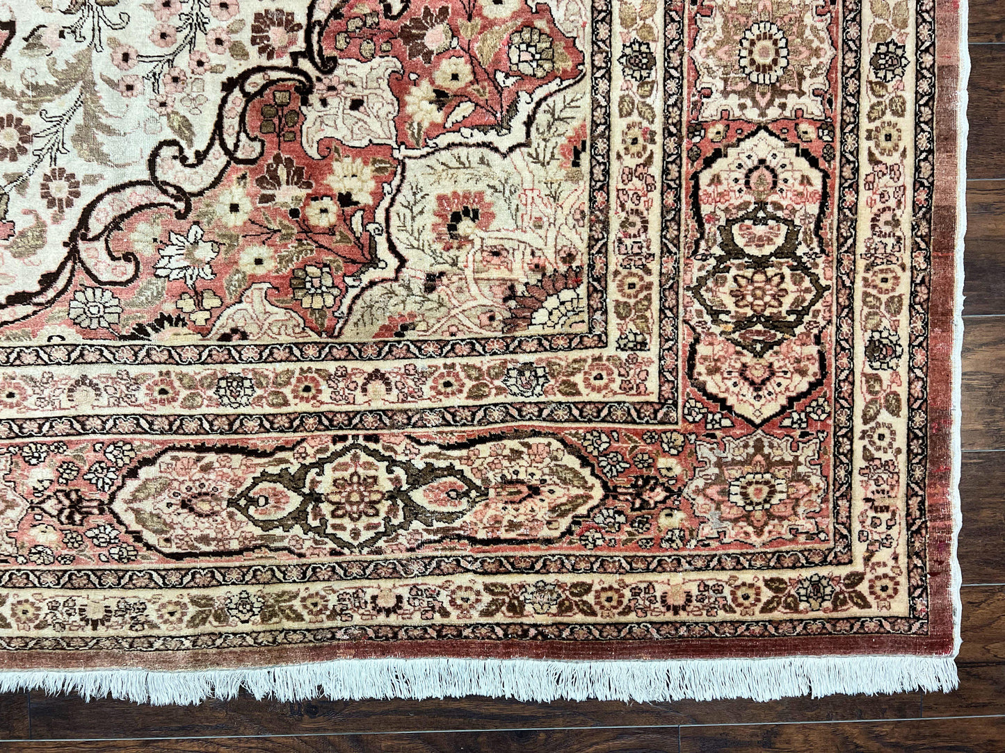 Antique Persian Tabriz Rug 10x12 Hand Knotted Wool Carpet Floral Medallion Beige and Light Red