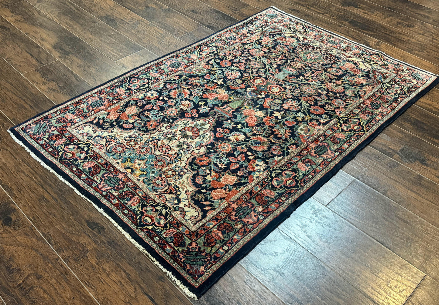 Antique Persian Rug Navy Blue Hamadan 1920s Wool Bidjar Carpet 4x5