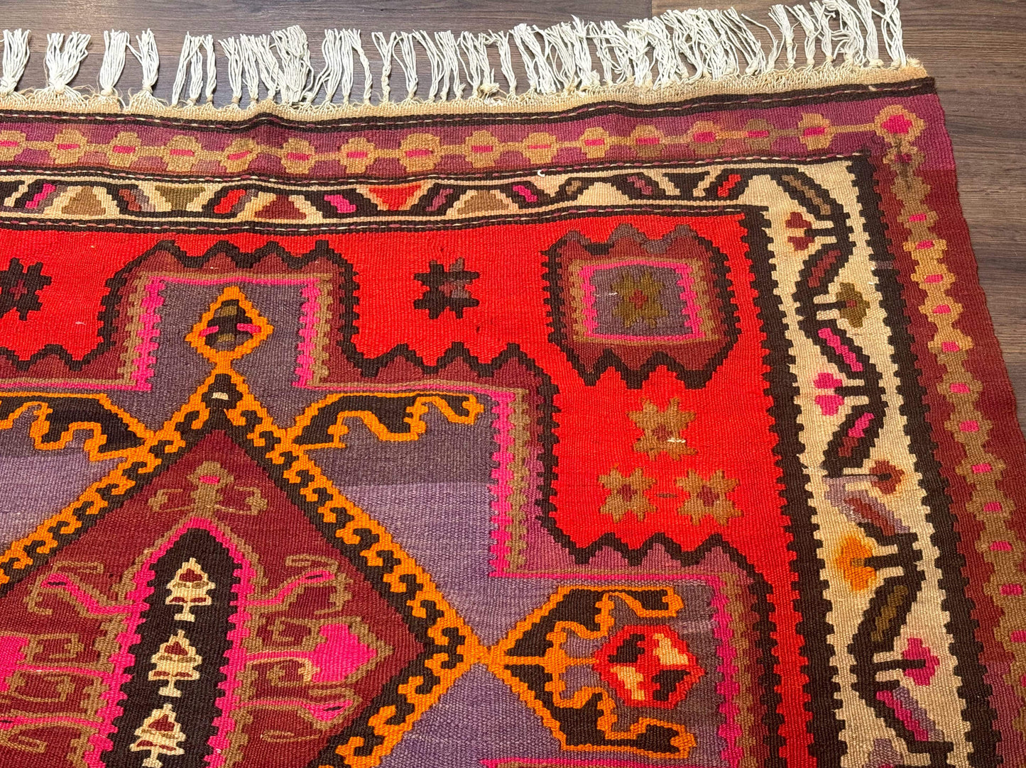 Persian Kurdish Zarand Kilim Rug 5x9 Runner With Red Field And Geometric Medallions