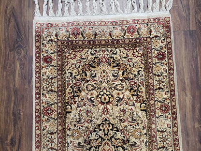 Hand Knotted Silk Oriental Rug 1 Foot 7 Inch By 3 Foot Floral Medallion Vintage Cream Beige