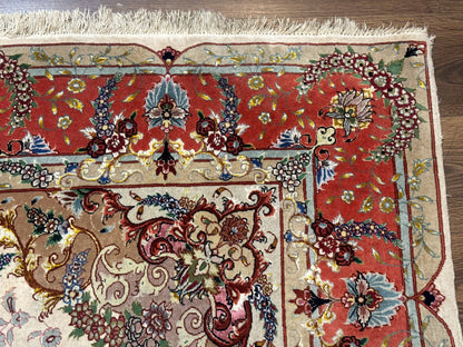 Persian Tabriz Rug 5x7 Ivory and Coral Medallion Fine 440 KPSI