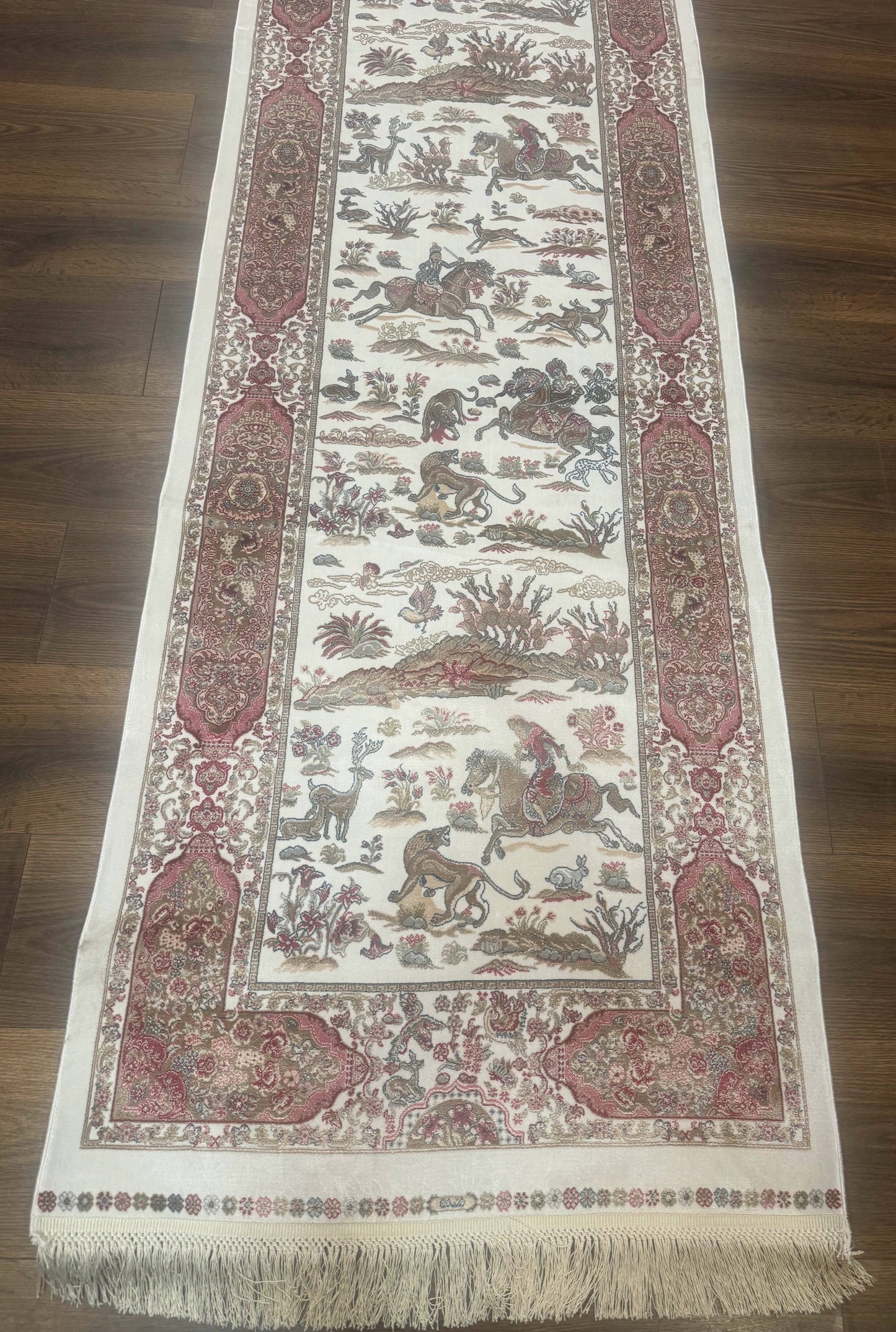 Turkish Silk Runner Rug 2.6x16.5 Ft Ivory Hunting Design Bamboo Silk New