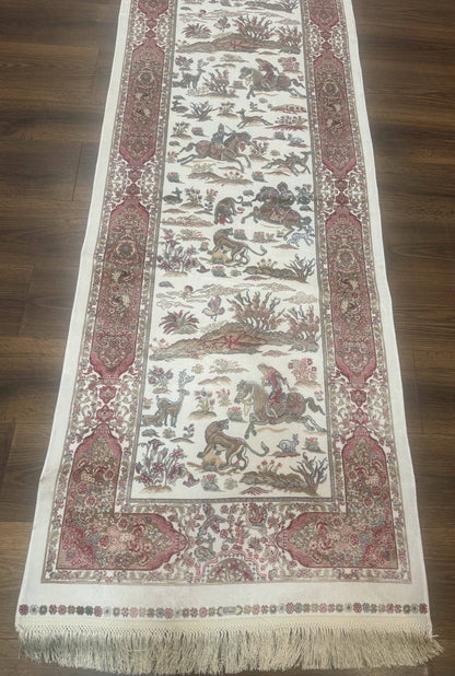 Turkish Silk Runner Rug 2.6x16.5 Ft Ivory Hunting Design Bamboo Silk New