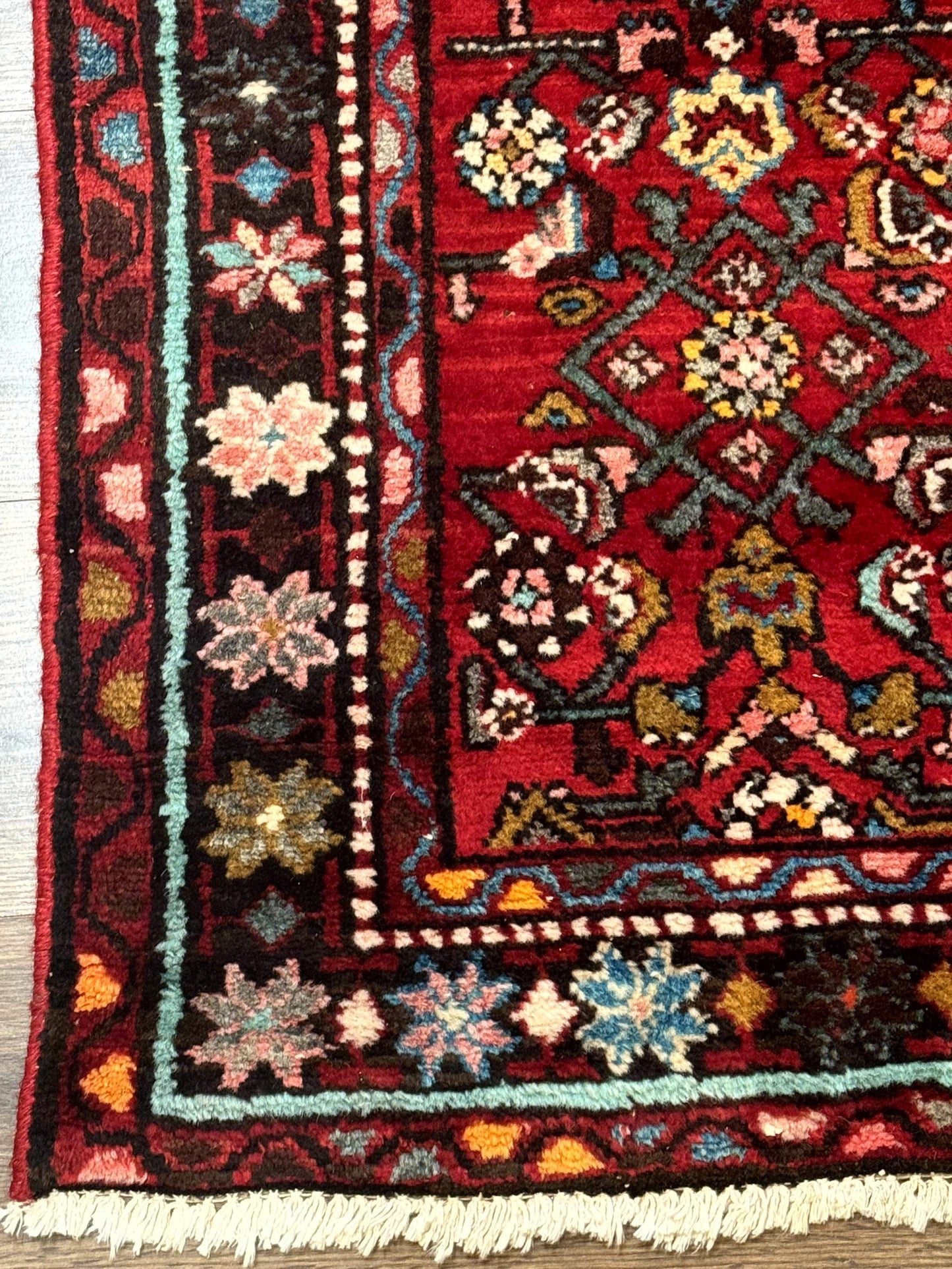 Red Persian Rug Hamadan 4x7 Vintage Wool Village Carpet With Floral Geometric Border
