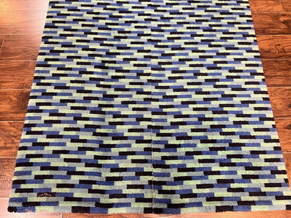 Wool Runner Rug Blue Multicolor Mosaic Design 4.7 x 12 Contemporary Power Loomed