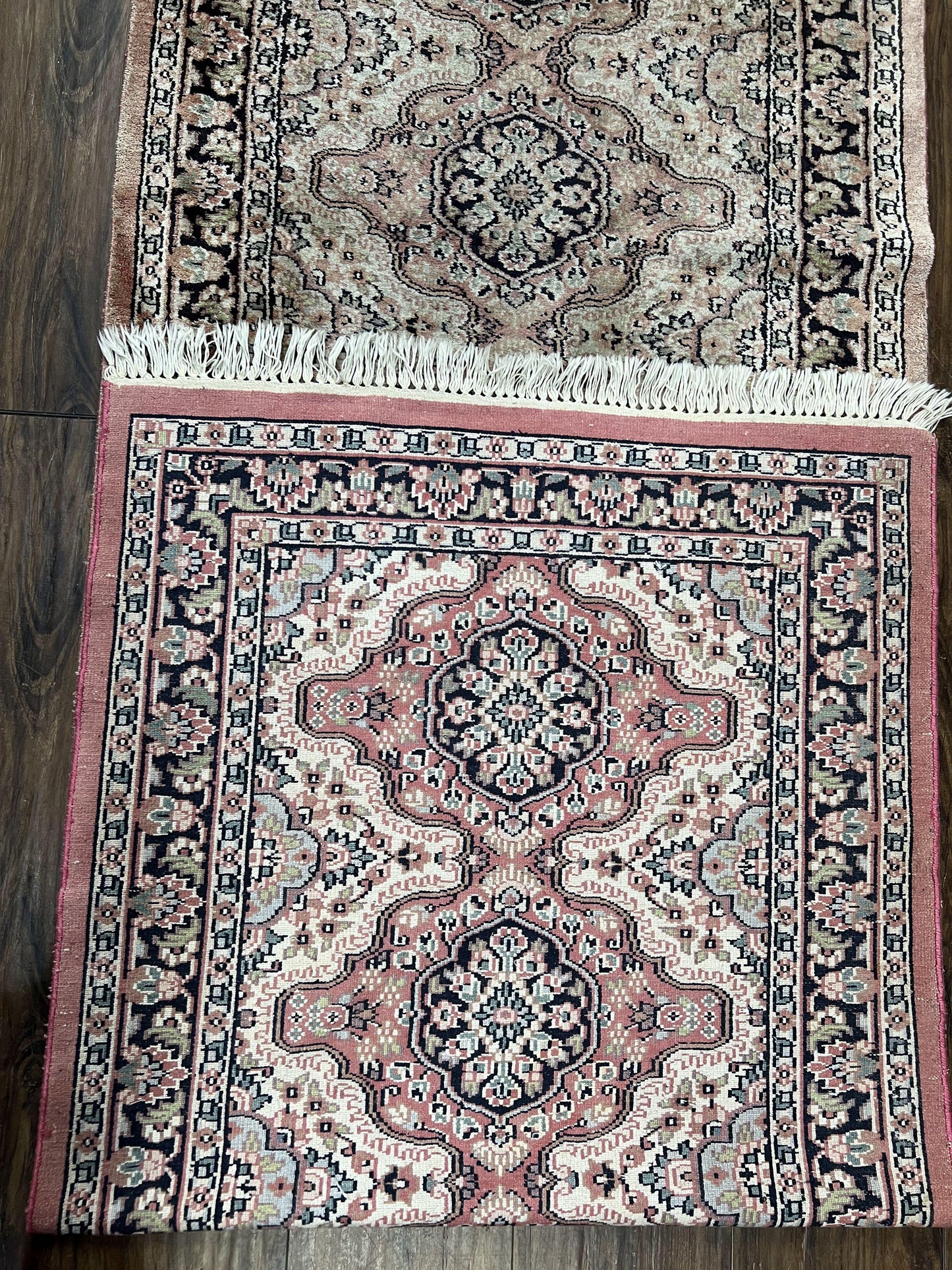 Silk Kashmiri Runner Hand Knotted Vintage Hallway Carpet Ivory Pink Medallion
