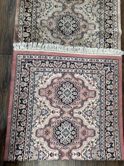 Silk Kashmiri Runner Hand Knotted Vintage Hallway Carpet Ivory Pink Medallion