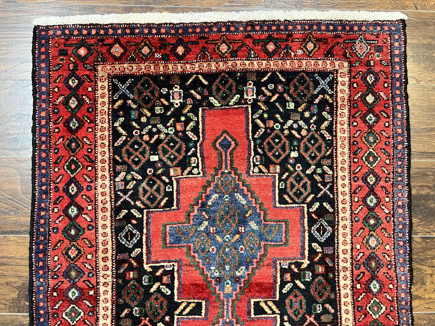 Senneh Runner Rug Persian Kurdish Handmade Wool 3x9 9ft Medallion Red Navy Blue Hallway Kitchen