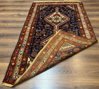Persian Hamadan Rug 4x6 Antique Navy Blue Geometric Double Medallions Tribal Carpet