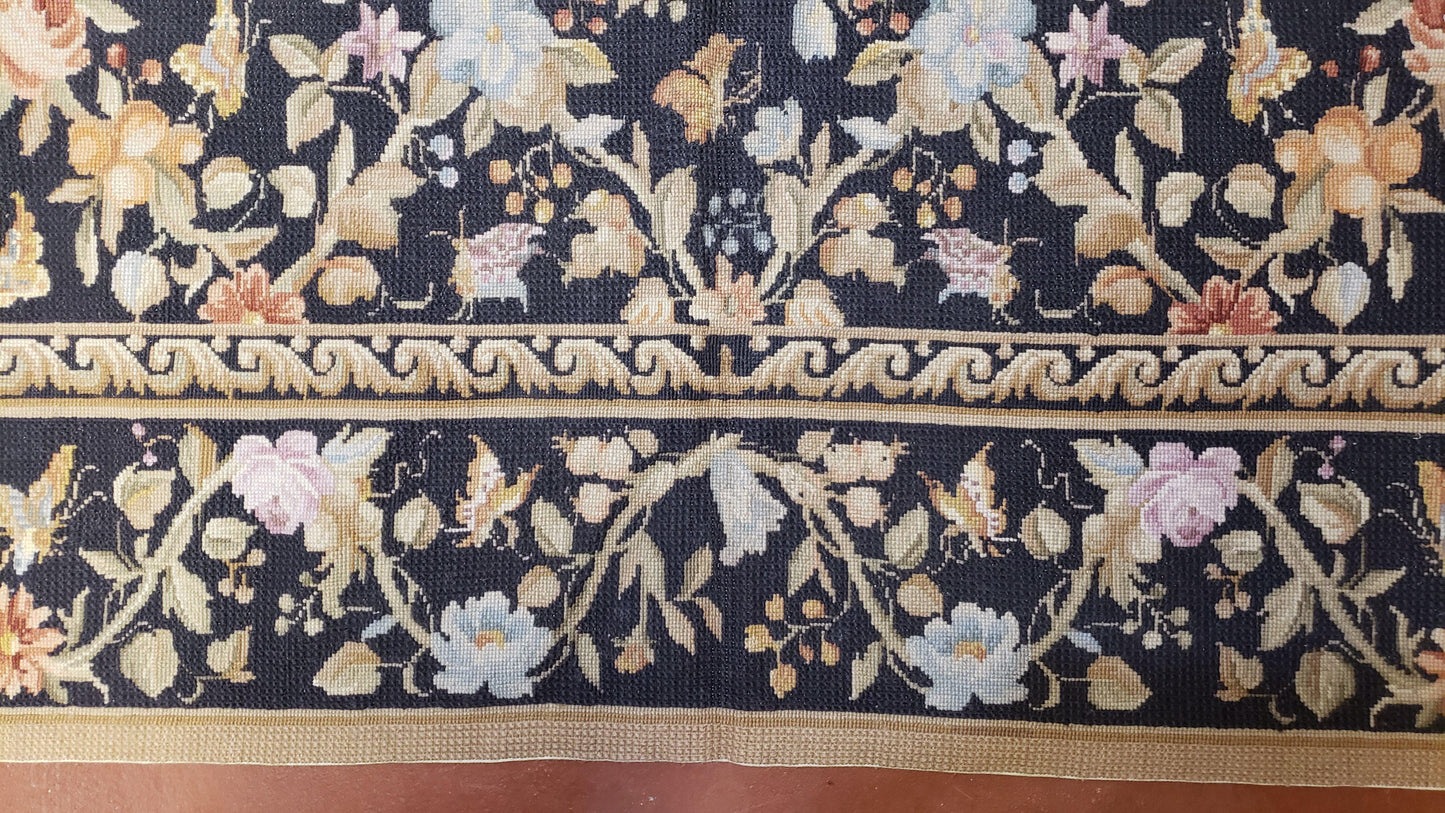 Vintage Needlepoint Rug 6x9 Butterflies Floral Design Wool Handcrafted
