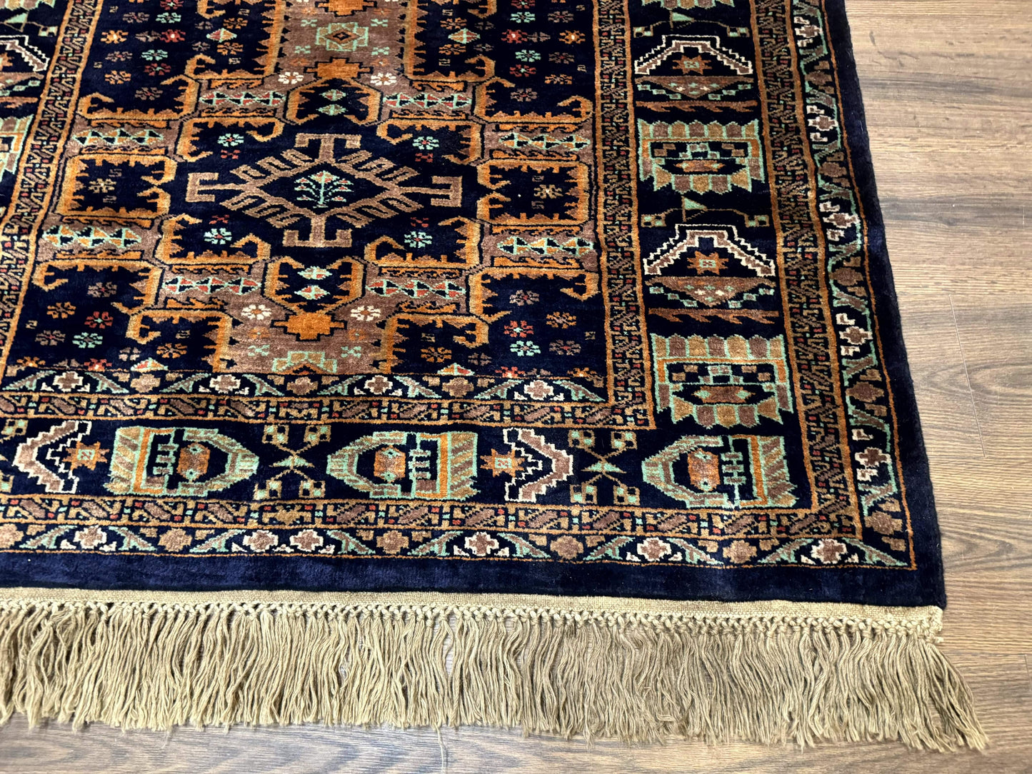 Vintage Afghan Rug 4x6 Hand Knotted Wool Geometric Medallions Navy Blue and Light Brown Tribal Style