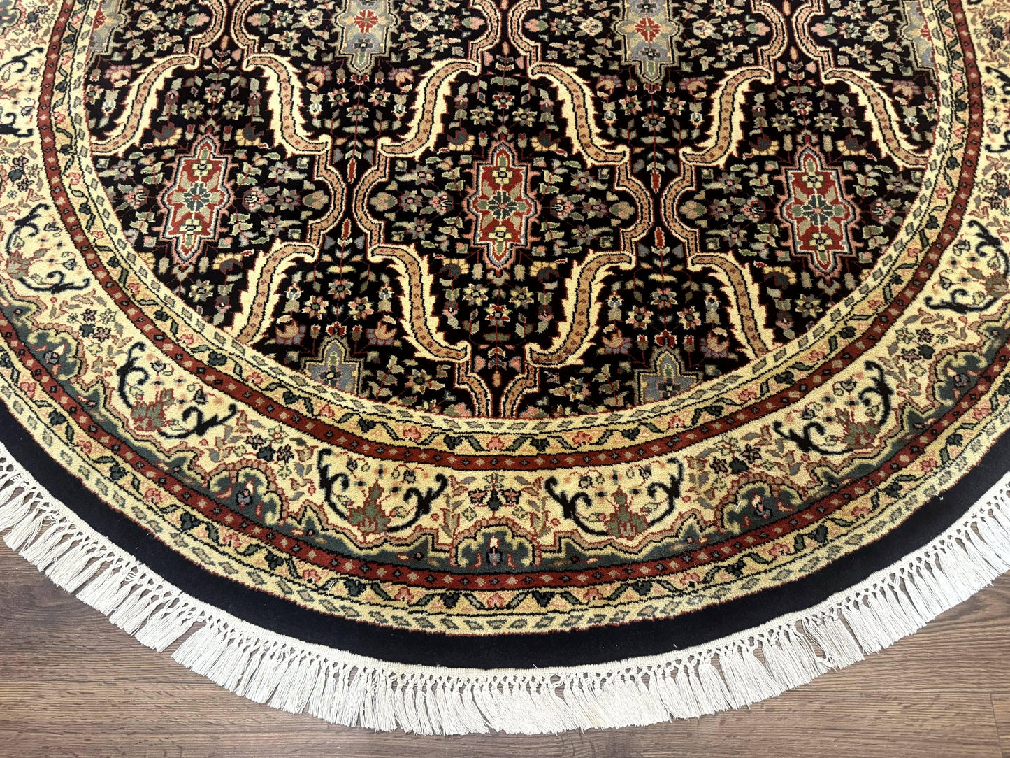 Indo Persian Bidjar Rug Round 6x6 Wool Hand Knotted Navy Blue Beige