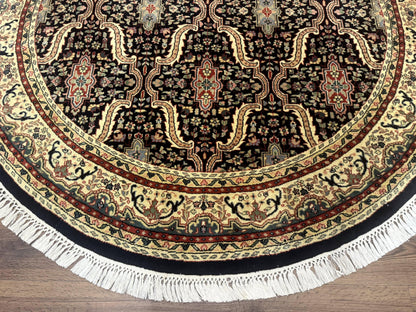 Indo Persian Bidjar Rug Round 6x6 Wool Hand Knotted Navy Blue Beige