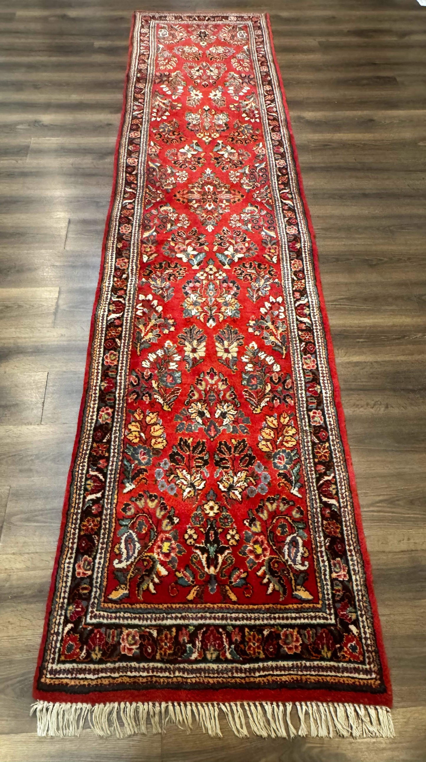 Persian Sarouk Runner Rug 3x12 Vintage Wool Red Floral Design