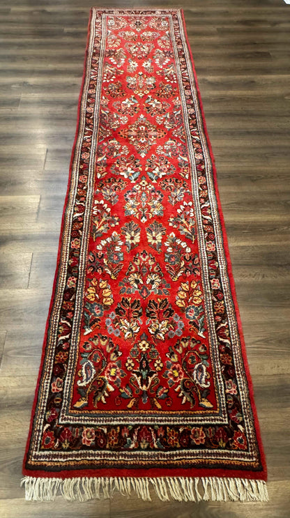 Persian Sarouk Runner Rug 3x12 Vintage Wool Red Floral Design