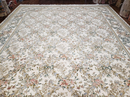 Pak Persian Floral Rug Hand Knotted Wool 11 x 12.6 Ivory Vintage