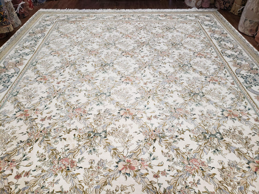 Pak Persian Floral Rug Hand Knotted Wool 11 x 12.6 Ivory Vintage