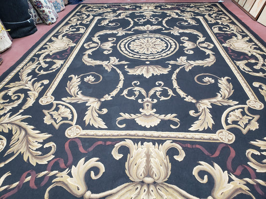 Black And Tan Aubusson Rug 10x14 Handmade Wool Flatweave Decor