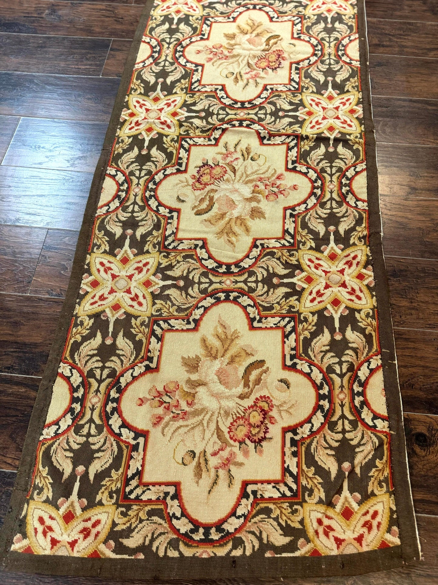 Needlepoint Runner Rug European French Design Handmade Wool Vintage