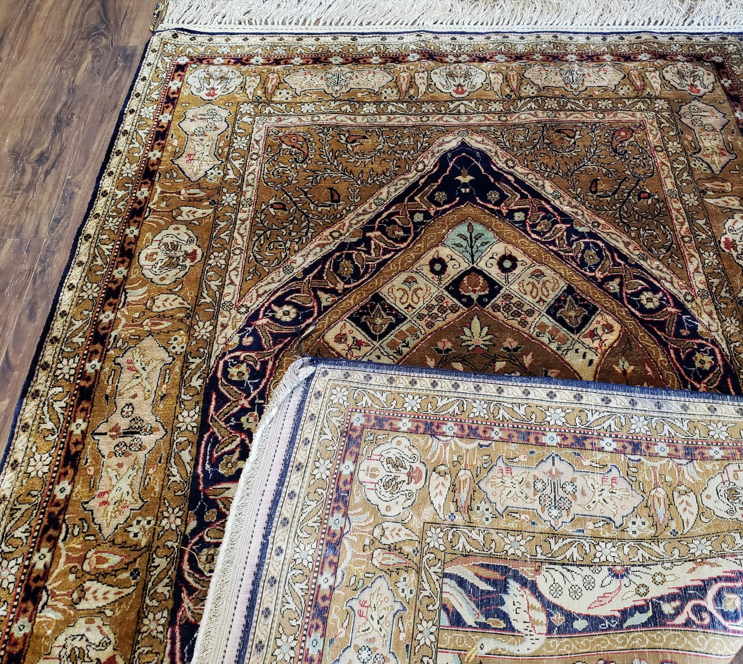 Persian Qum Silk Prayer Rug Hand Knotted 3ft 6in by 5ft Semi Antique