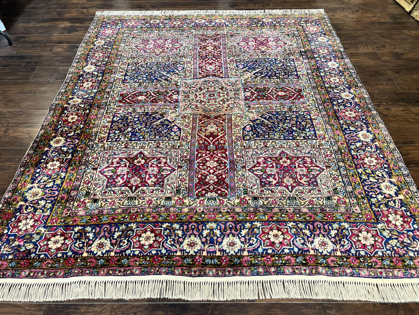 Persian Kirman Lavar Rug 8x9 Handmade Wool Carpet With Antique Floral Garden Panel Design