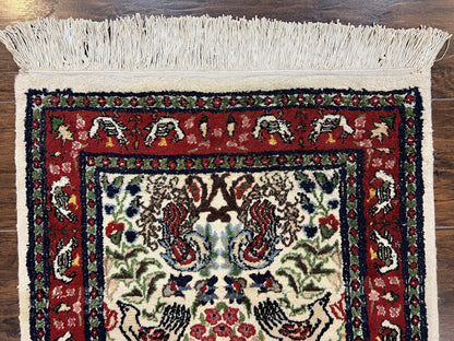 Indo Persian Rug Hand Knotted Wool Silk 2x3 Ft Cream Maroon Birds Vase Flowers