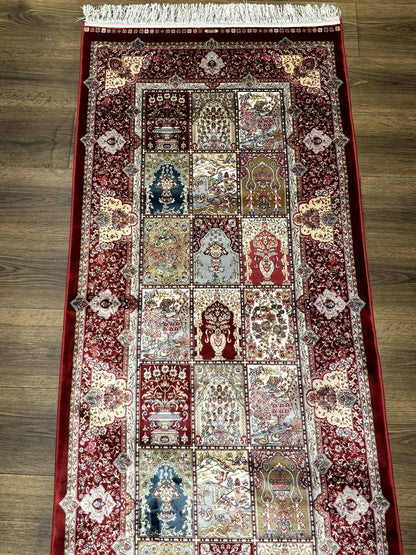 Turkish Silk Runner Rug 2.6 x 11.6 Ft Panel Design Dark Red Ivory Bamboo Silk