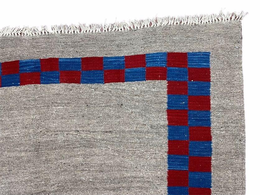 Turkish Kilim Rug Hand Knotted Wool Geometric Gray Blue Red Border 5 Ft 7 In By 7 Ft 7 In