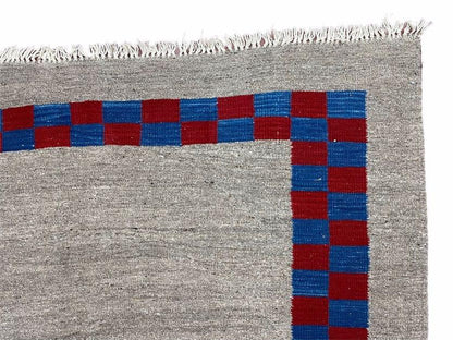 Turkish Kilim Rug Hand Knotted Wool Geometric Gray Blue Red Border 5 Ft 7 In By 7 Ft 7 In