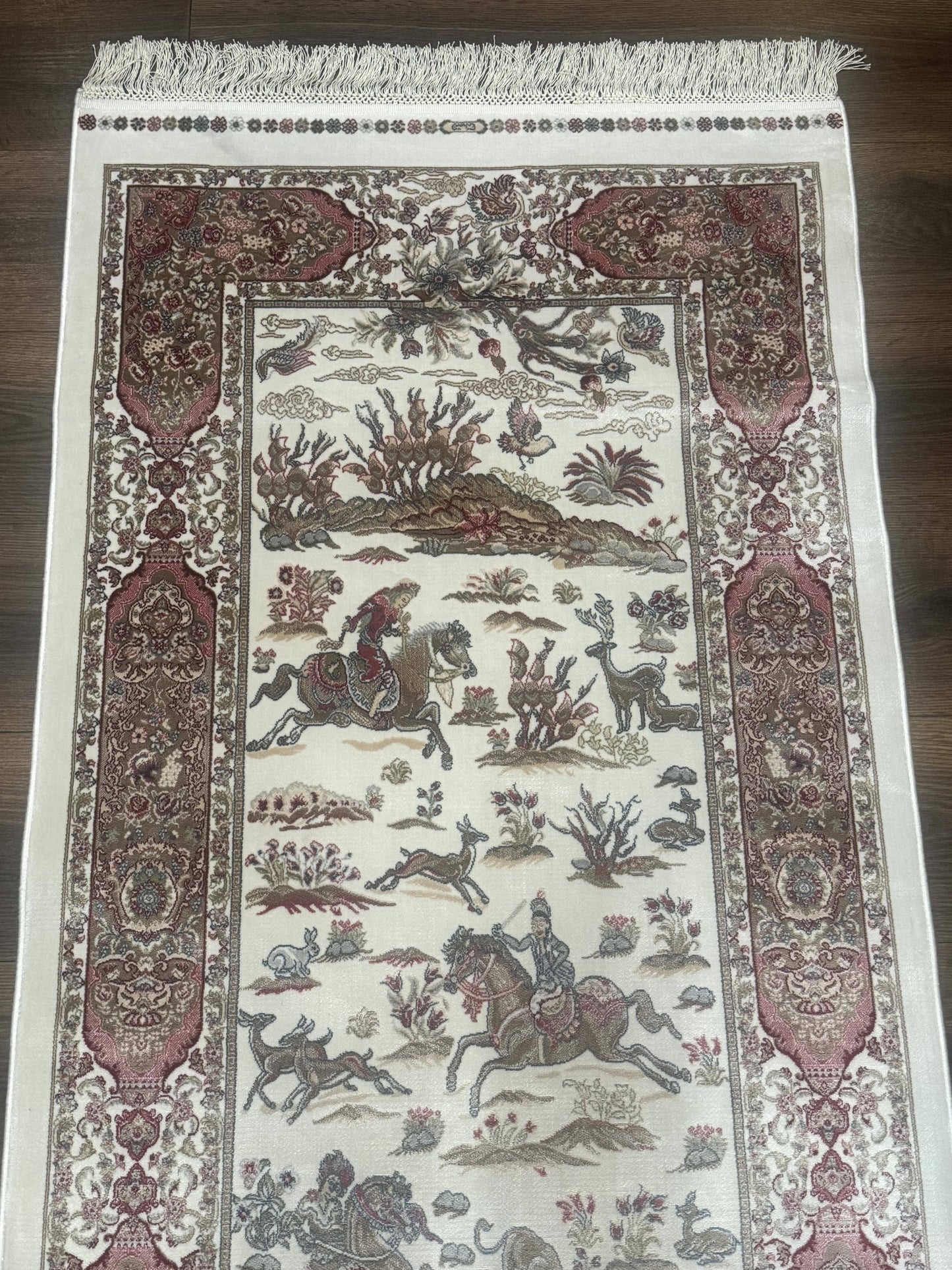 Turkish Silk Runner Rug 2.6 x 8 Ivory Bamboo Silk Hunting Design