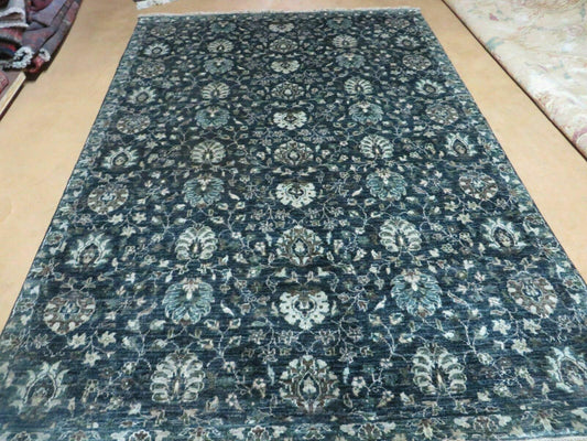 Vintage Handmade Pakistani Floral Oriental Wool Rug 5ft 6in by 8ft Black And Grey