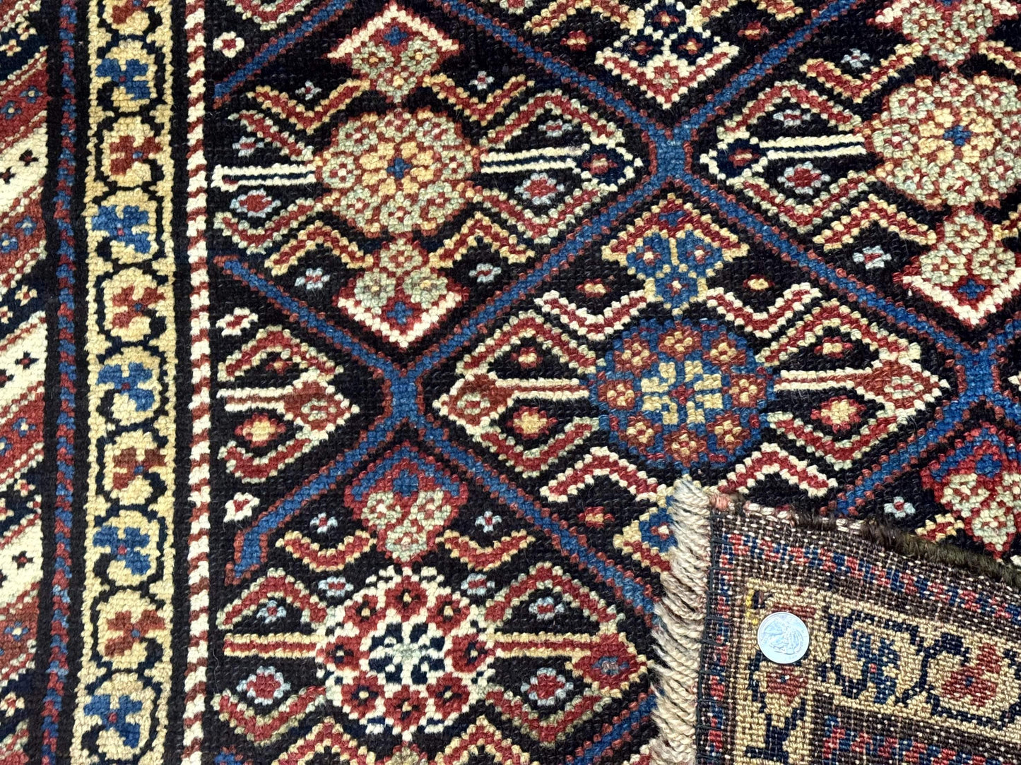 Antique Persian Rug Kurdish Runner 4x9 Panel Design Rainbow Border Rare Tribal Rug