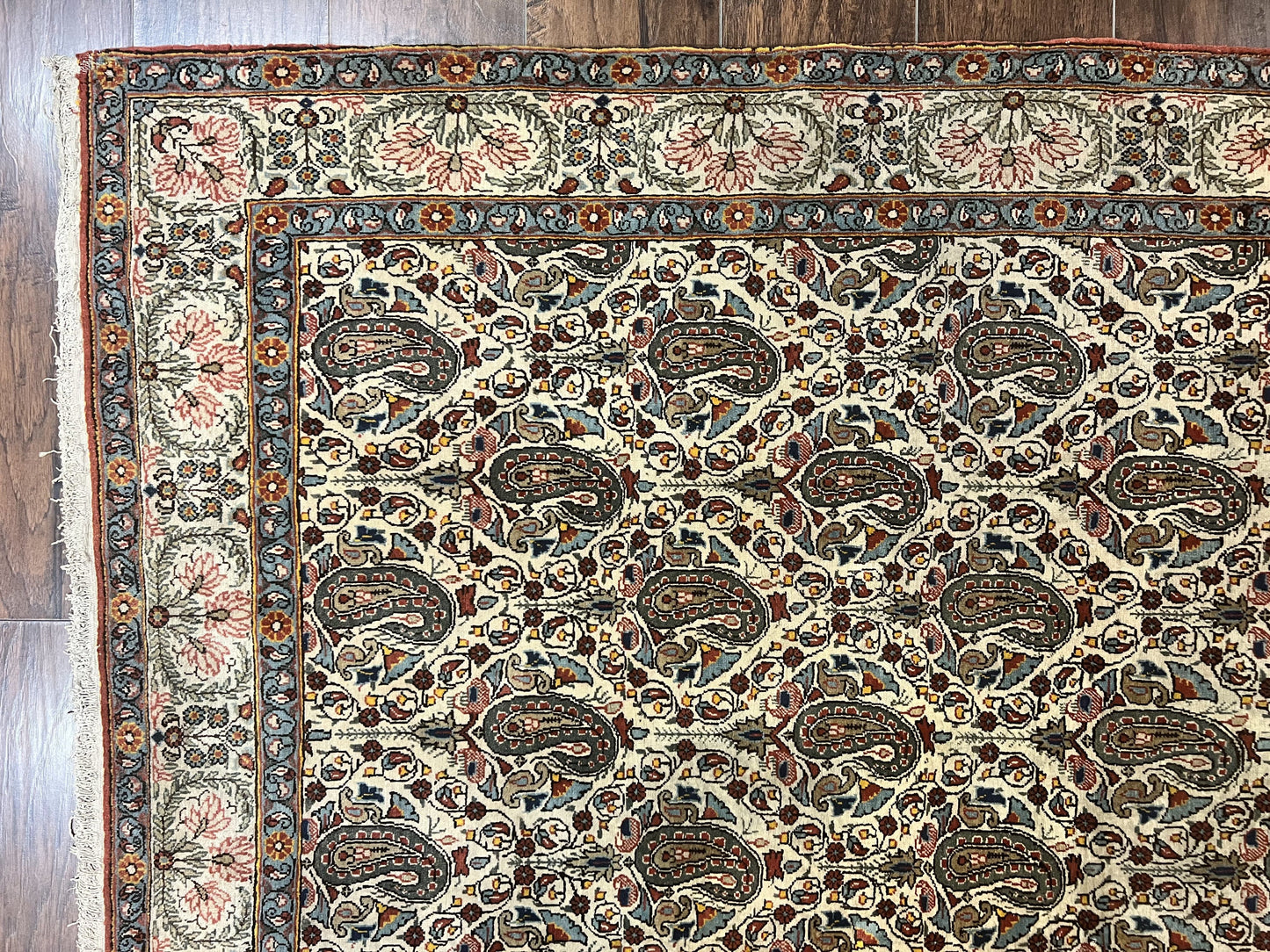Persian Qum Rug 5x6 Cream Wool Hand Knotted Carpet With Repeated Boteh Paisley Design Semi Antique Vintage