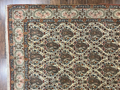 Persian Qum Rug 5x6 Cream Wool Hand Knotted Carpet With Repeated Boteh Paisley Design Semi Antique Vintage