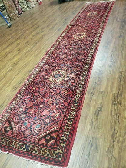 Persian Hamadan Runner Rug 2ft 8in X 13ft 9in Vintage Handmade Wool Red