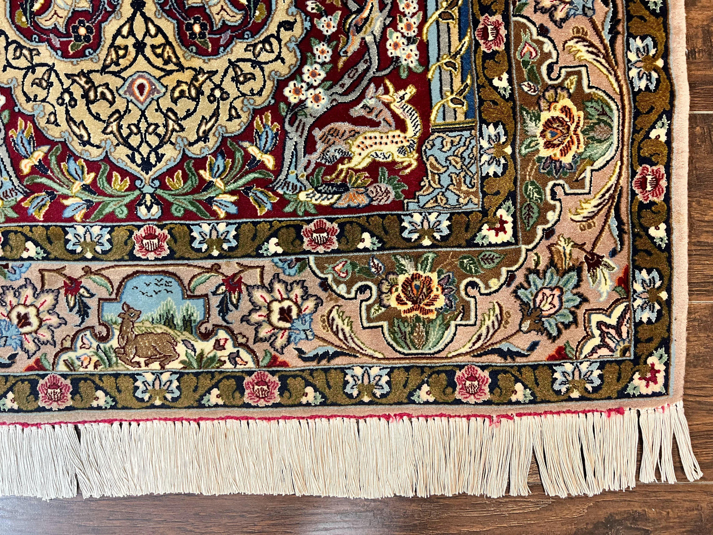 Persian Isfahan Rug Vintage Hand Knotted 3.7 by 5.6 Tree of Life Kork Wool Silk Highlights