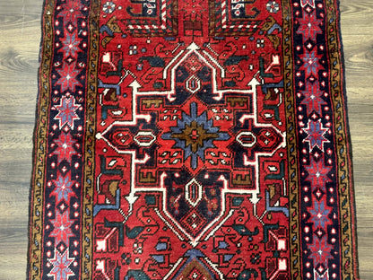 Persian Heriz Karajeh Runner Rug 3.7 x 12 ft Red Navy Geometric Medallions