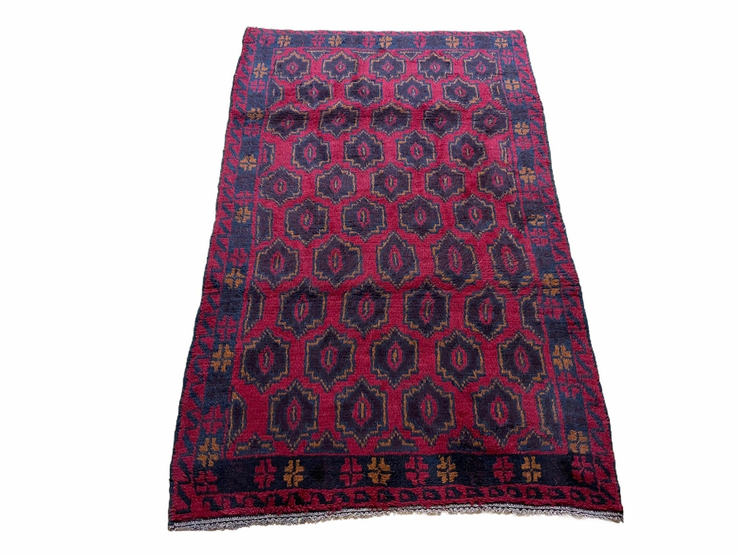 Balouchi Rug Vintage Handmade Tribal Wool Afghan 2ft 10in x 4ft 7in Red Blue