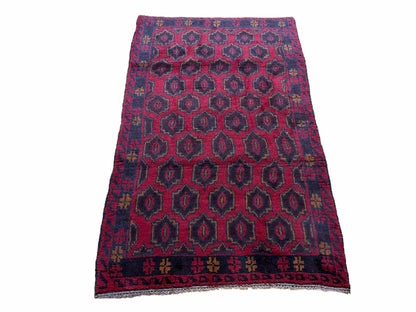 Balouchi Rug Vintage Handmade Tribal Wool Afghan 2ft 10in x 4ft 7in Red Blue