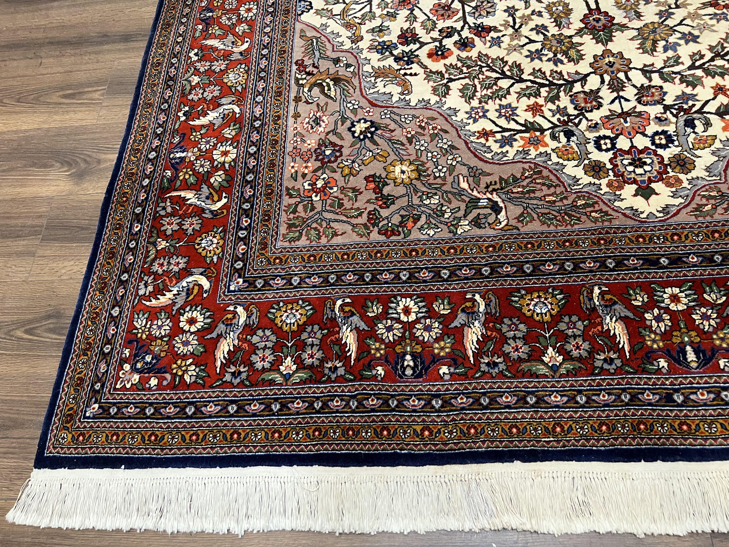 Sino Persian Rug Hand Knotted 7x10 Circle Of Life Tree Of Life Birds Cream Red Navy Blue Taupe Wool Silk Accents Vintage