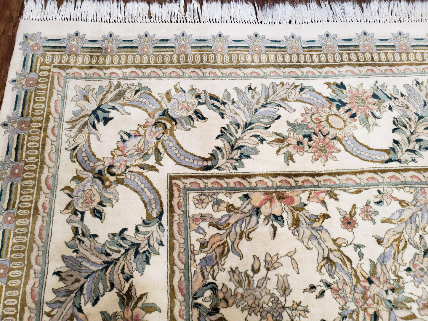 Pak Persian Floral Rug Hand Knotted Wool 11 x 12.6 Ivory Vintage