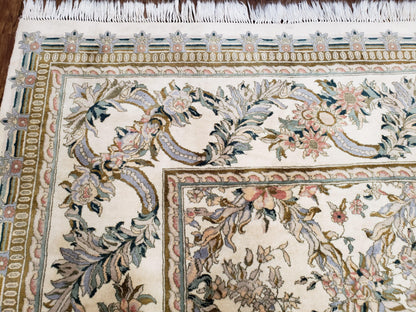 Pak Persian Floral Rug Hand Knotted Wool 11 x 12.6 Ivory Vintage