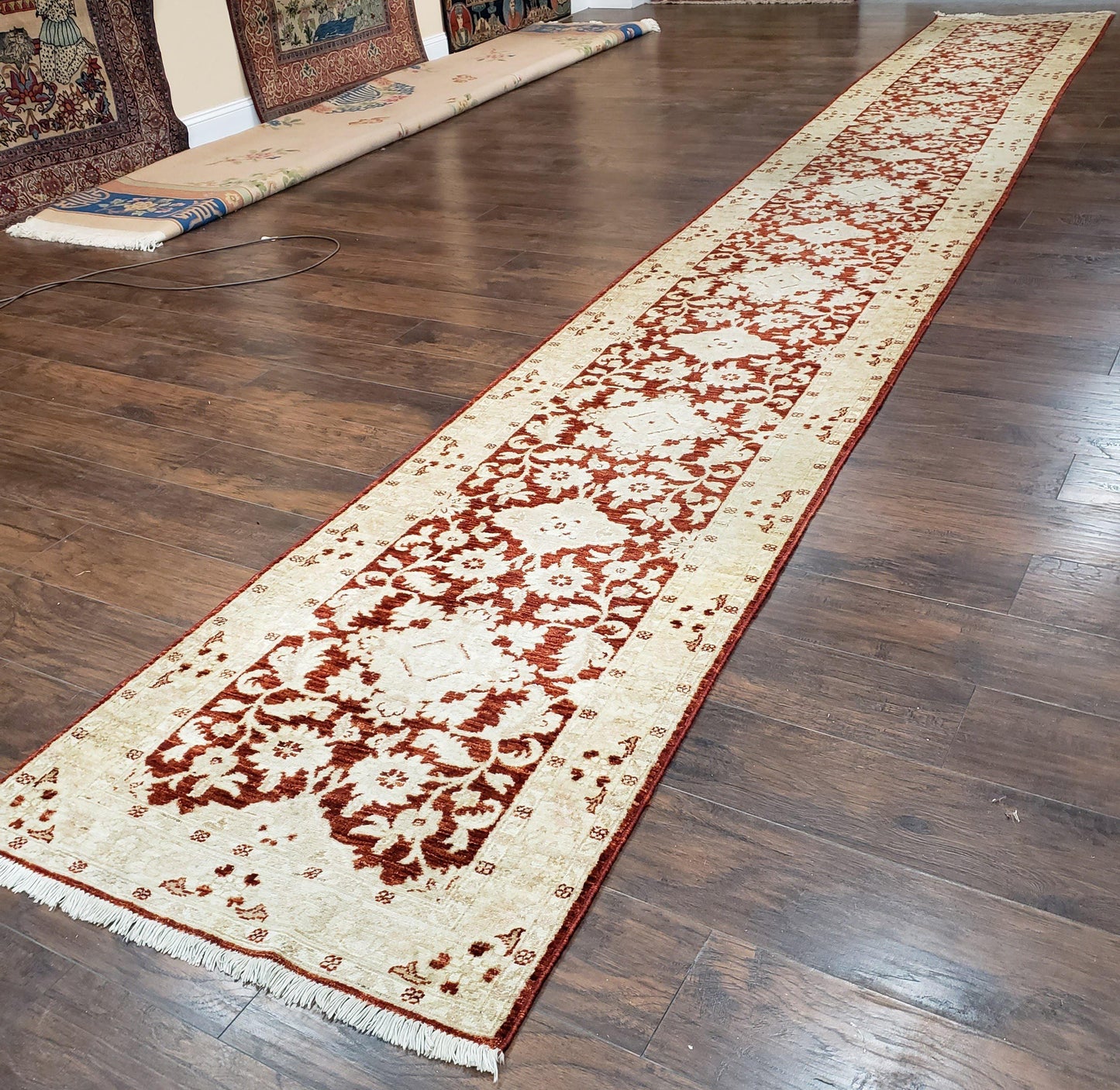 Runner Rug Peshawar Chobi 21 Ft Hallway Wool Handmade Maroon Beige Floral