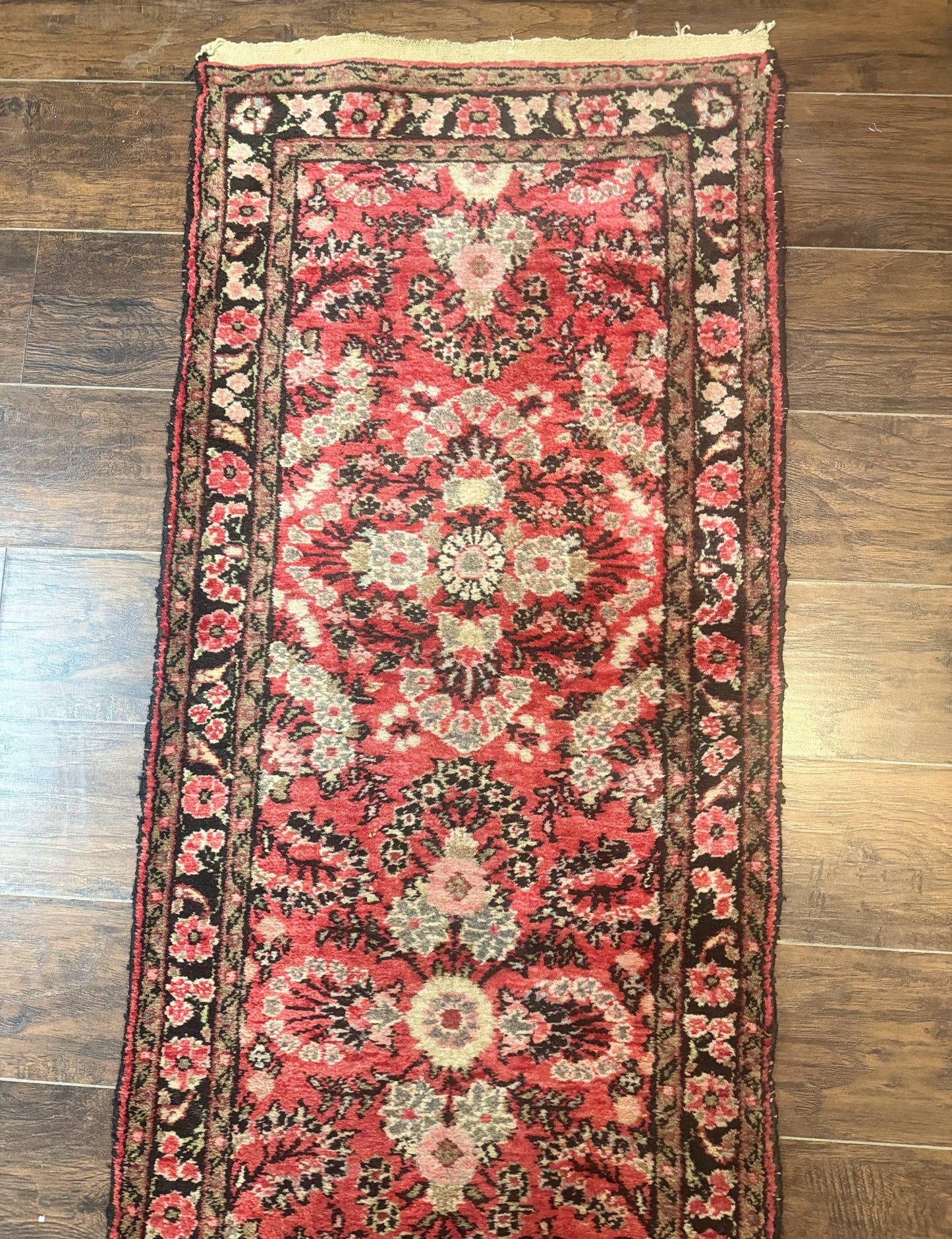 Persian Hamadan Runner Rug 2x13.6 Ft Hand Knotted Wool Red Floral Hallway Carpet