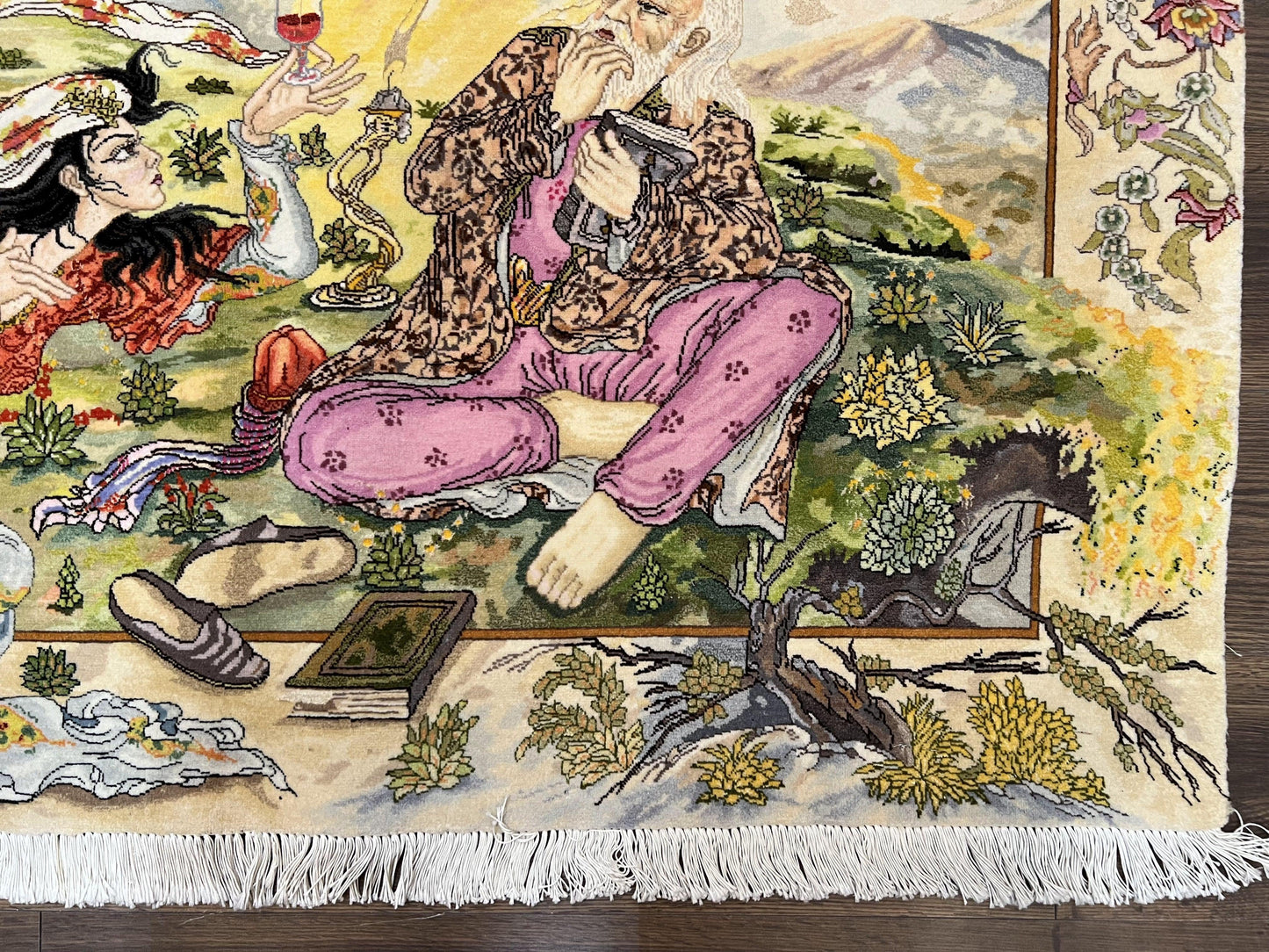 Persian Tabriz Pictorial Rug Hand Knotted Wool 5x3 Hafez Poetry Border