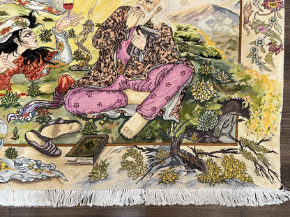 Persian Tabriz Pictorial Rug Hand Knotted Wool 5x3 Hafez Poetry Border