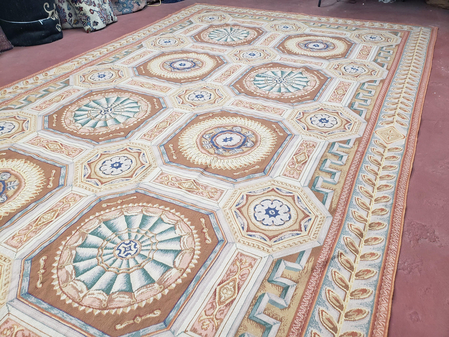 Needlepoint Wool Rug Handmade 8x14 Flatweave Panel Design For Dining Room