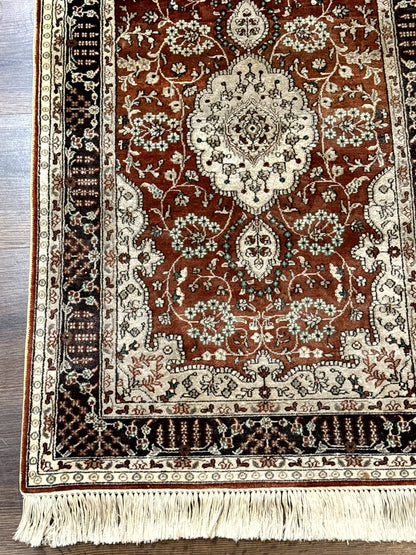 Turkish Silk Narrow Runner Rug 2 By 5.8 Handmade Floral Medallions Red