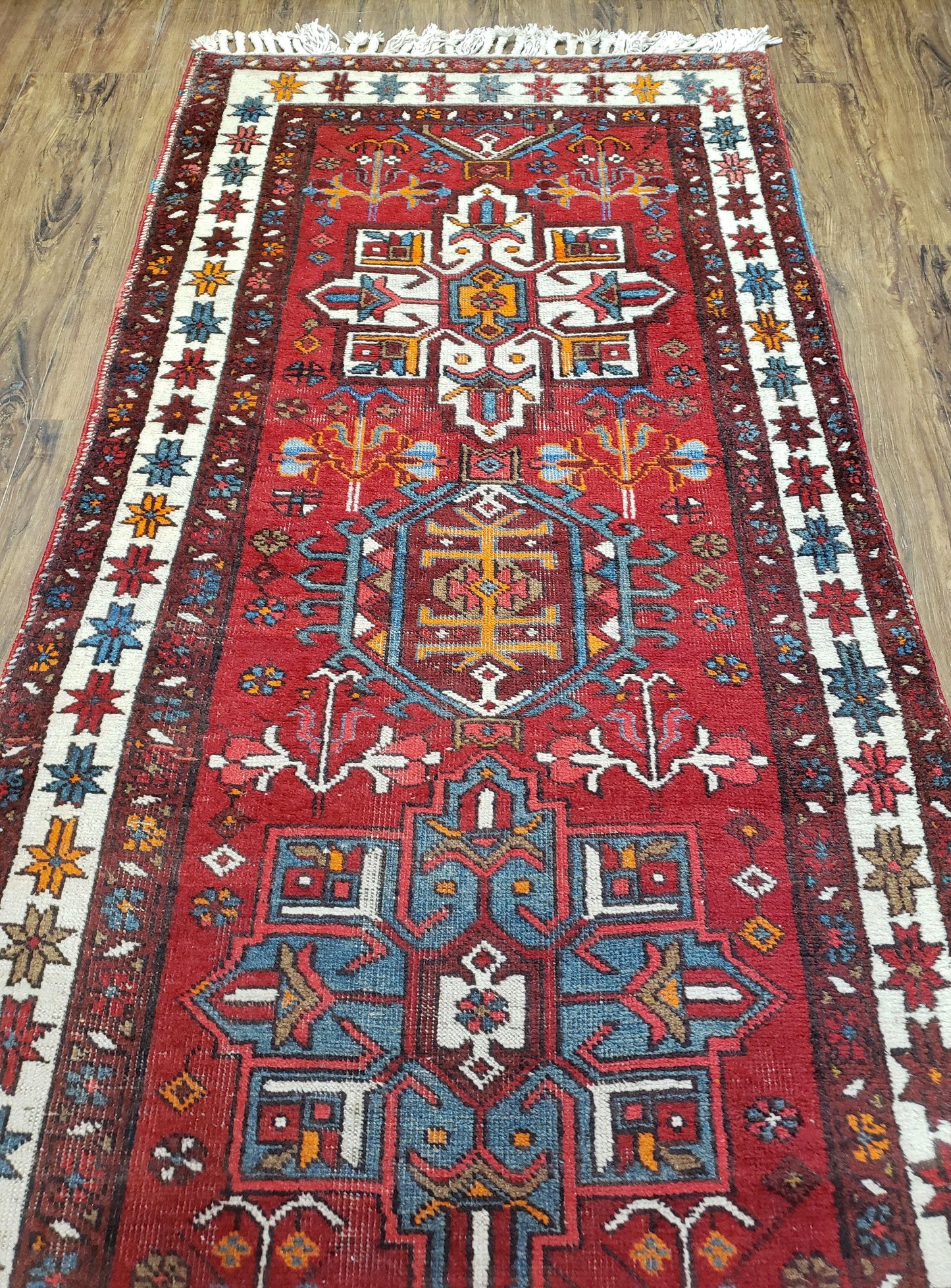 Antique Persian Heriz Karajeh Runner Rug Hand Knotted Wool Red 3 Ft 3 In By 10 Ft 11 In