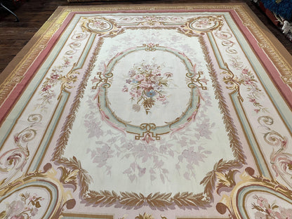Premium Aubusson Rug 11x15 Wool Handmade Vintage European Flatweave Savonnerie Carpet